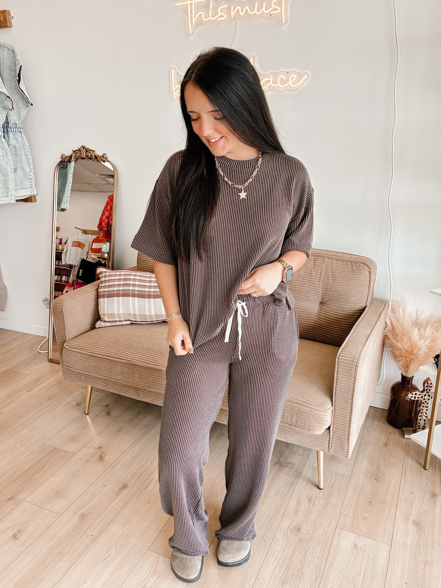 Raised Rib Short Sleeve Tee & Pants Set (7 colors)