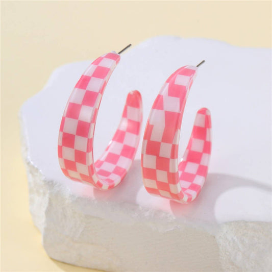 Retro Checkerboard Resin Hoop Earrings