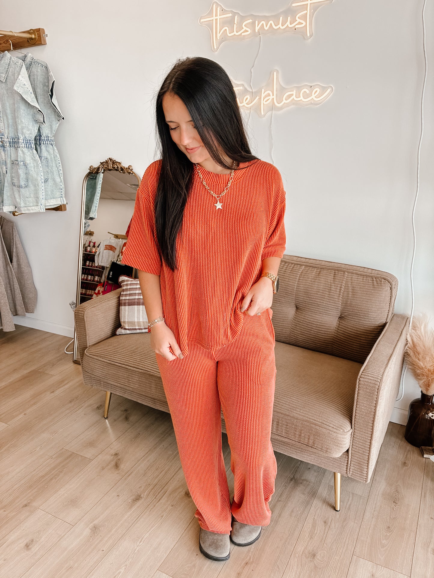 Raised Rib Short Sleeve Tee & Pants Set (7 colors)