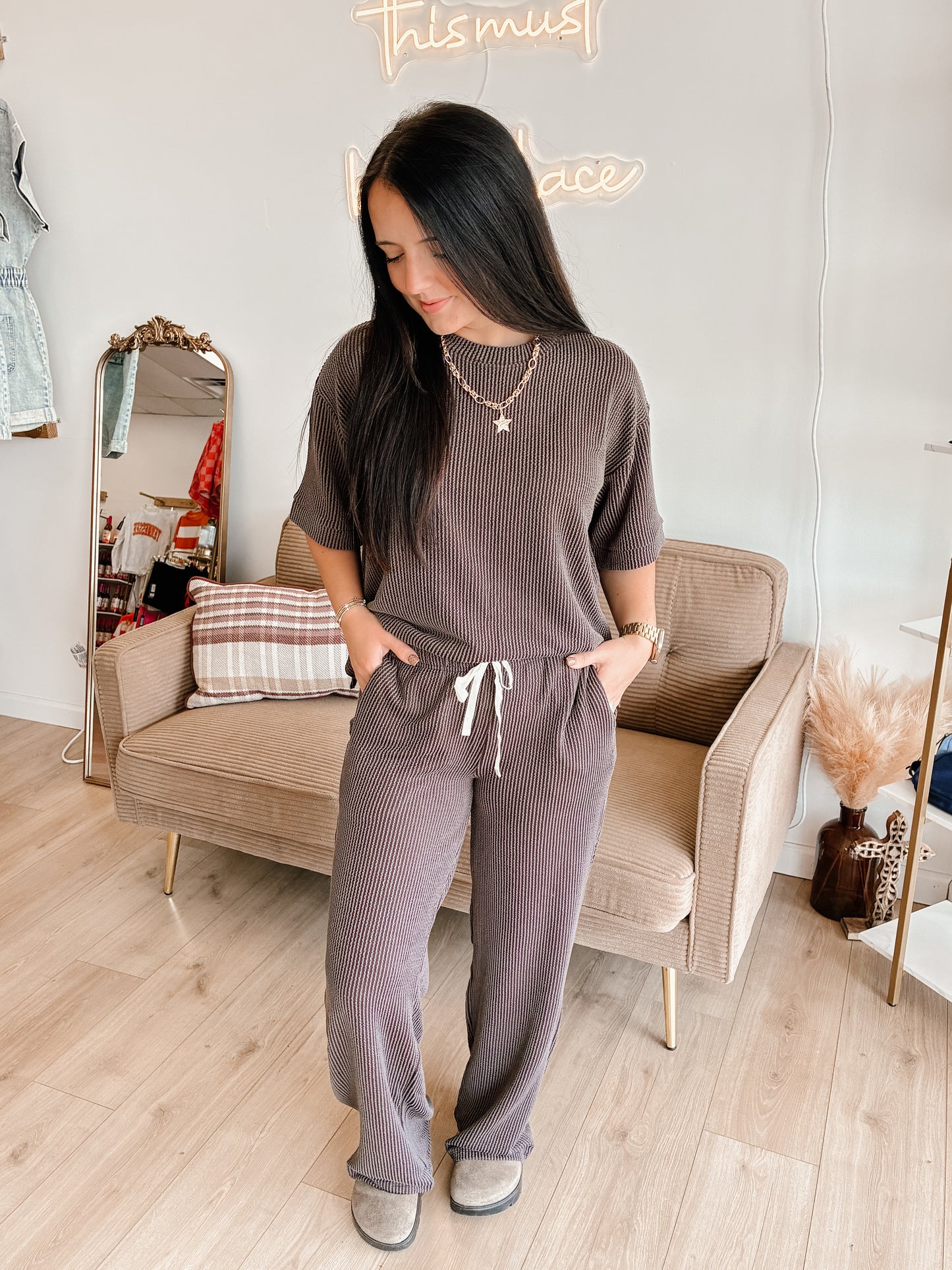 Raised Rib Short Sleeve Tee & Pants Set (7 colors)