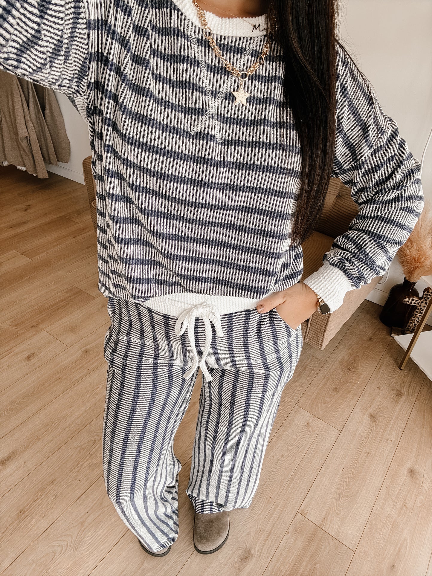 Striped Up Raised Rib Pants Set - Navy