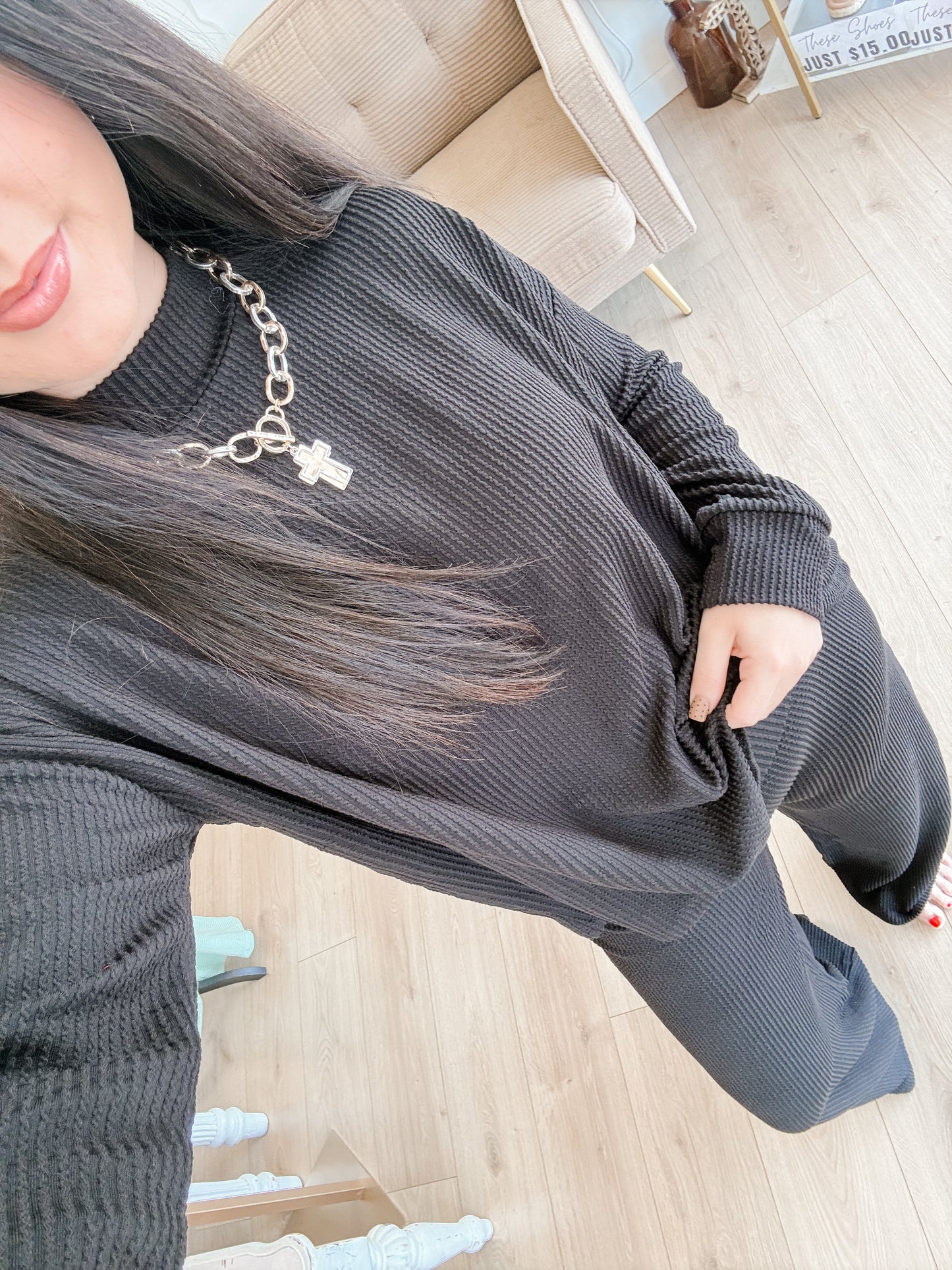 Mock Neck Raised Rib Pants Set - Black