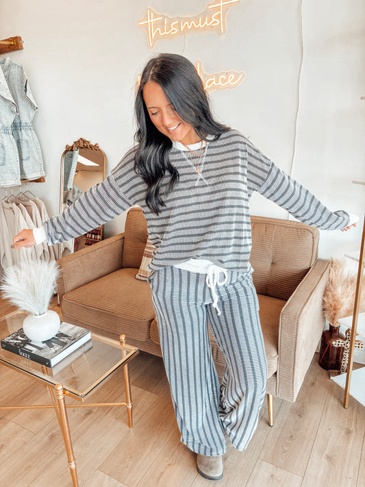 Striped Up Raised Rib Pants Set - Black