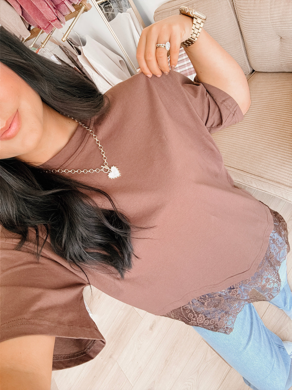 Sittin' Pretty Asymmetrical Lace Top - Choc.