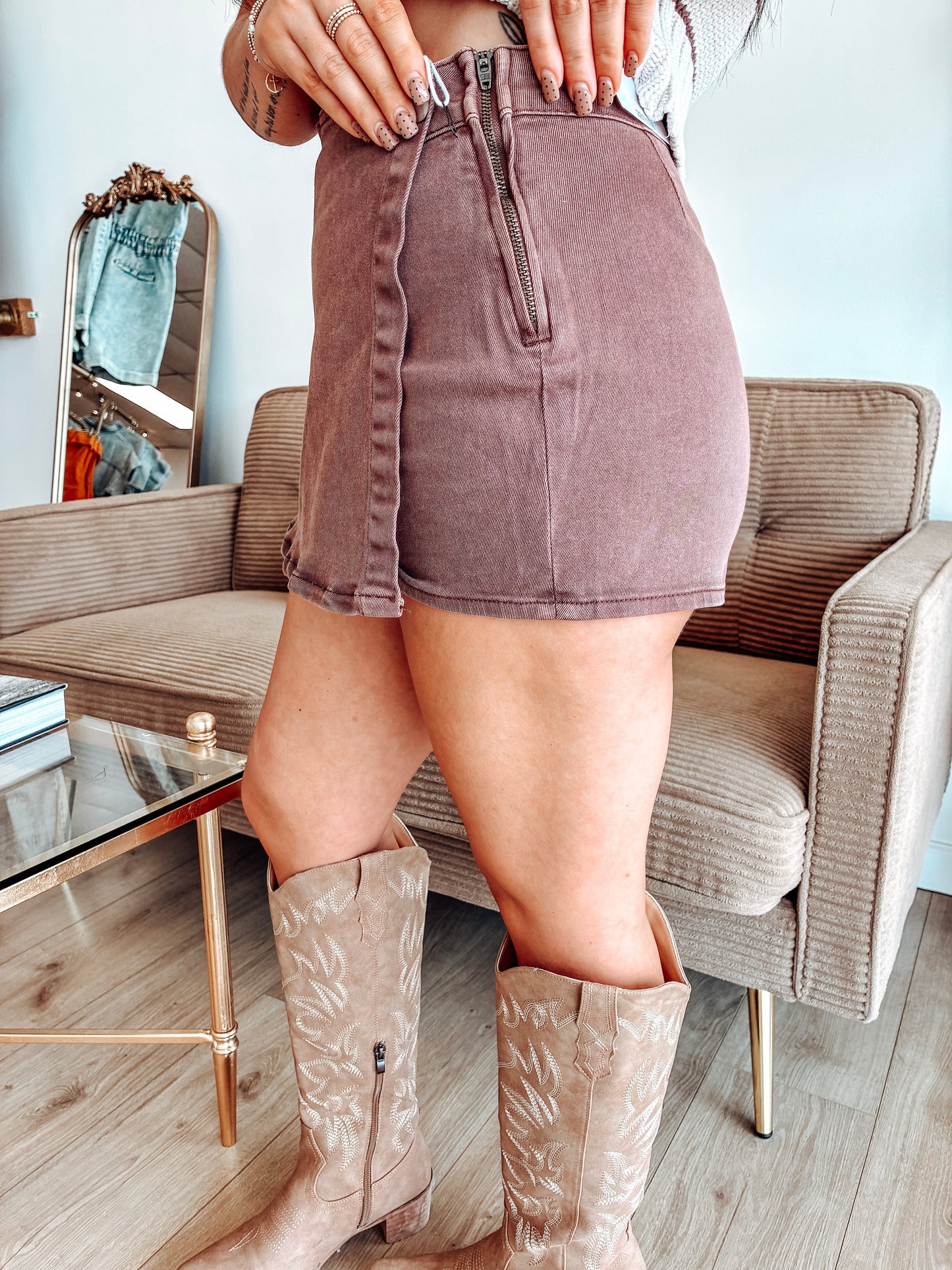 Turning Seasons Denim Skort - Brown