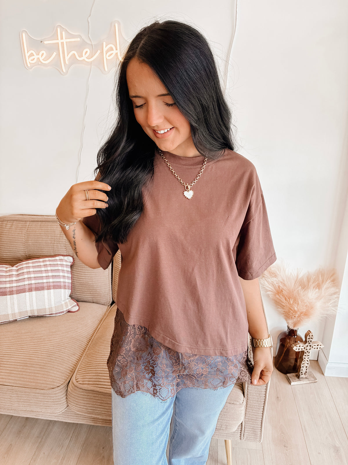 Sittin' Pretty Asymmetrical Lace Top - Choc.