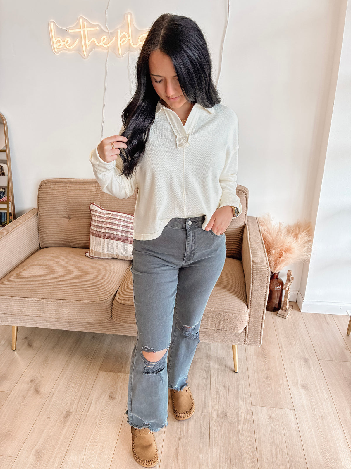 Autumn Hues High Waist Straight Pants - Ash Black