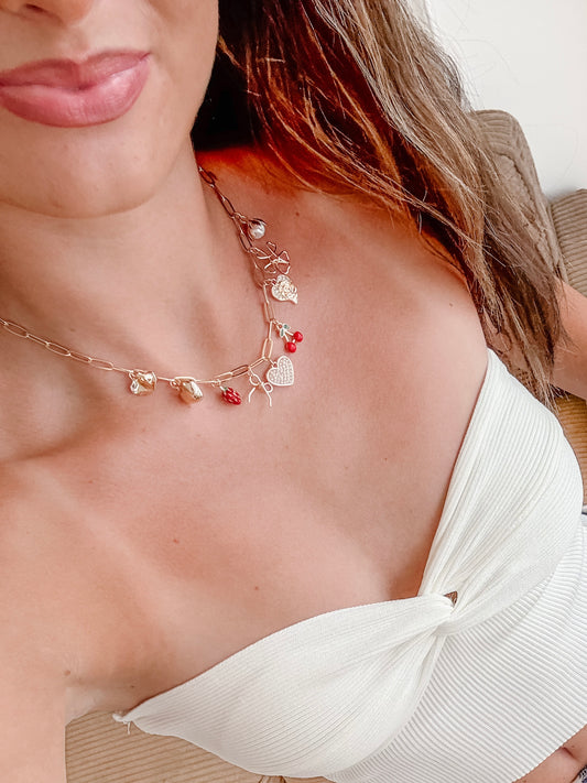 Multi Charm Bow Cherry Heart Necklace
