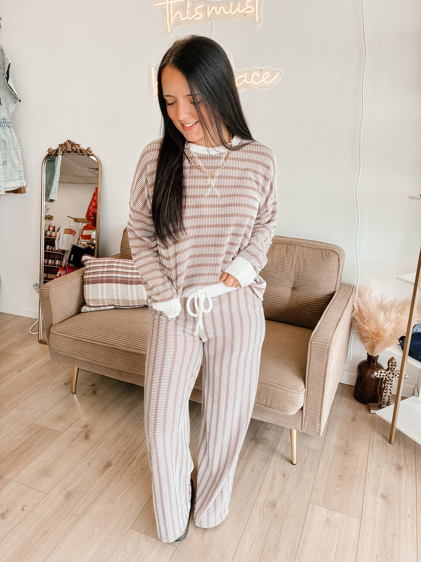 Striped Up Raised Rib Pants Set - Mocha