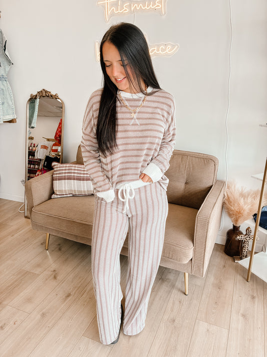 Striped Up Raised Rib Pants Set - Mocha