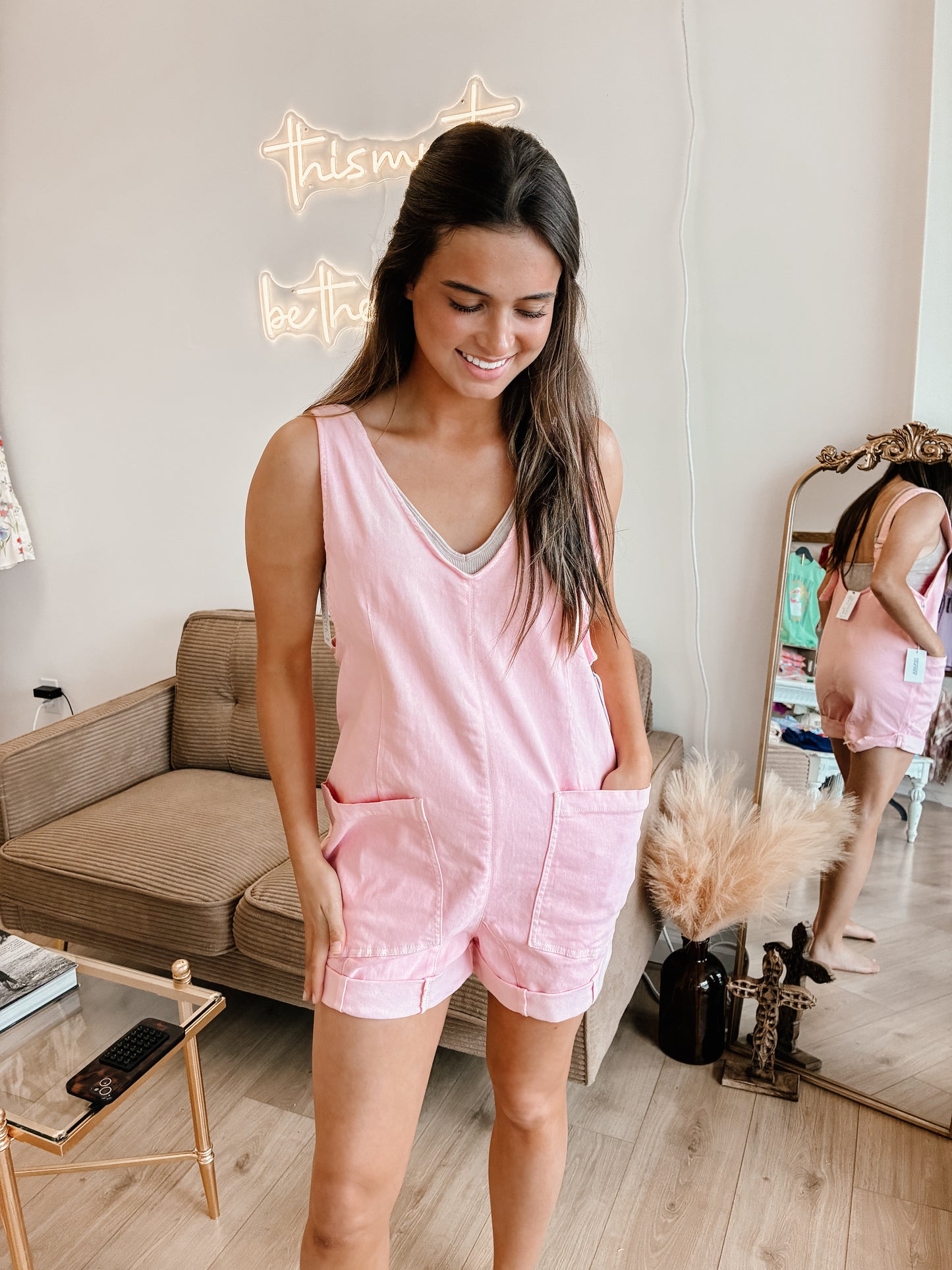 Washed Adjustable Strap Romper Denim With Pocket