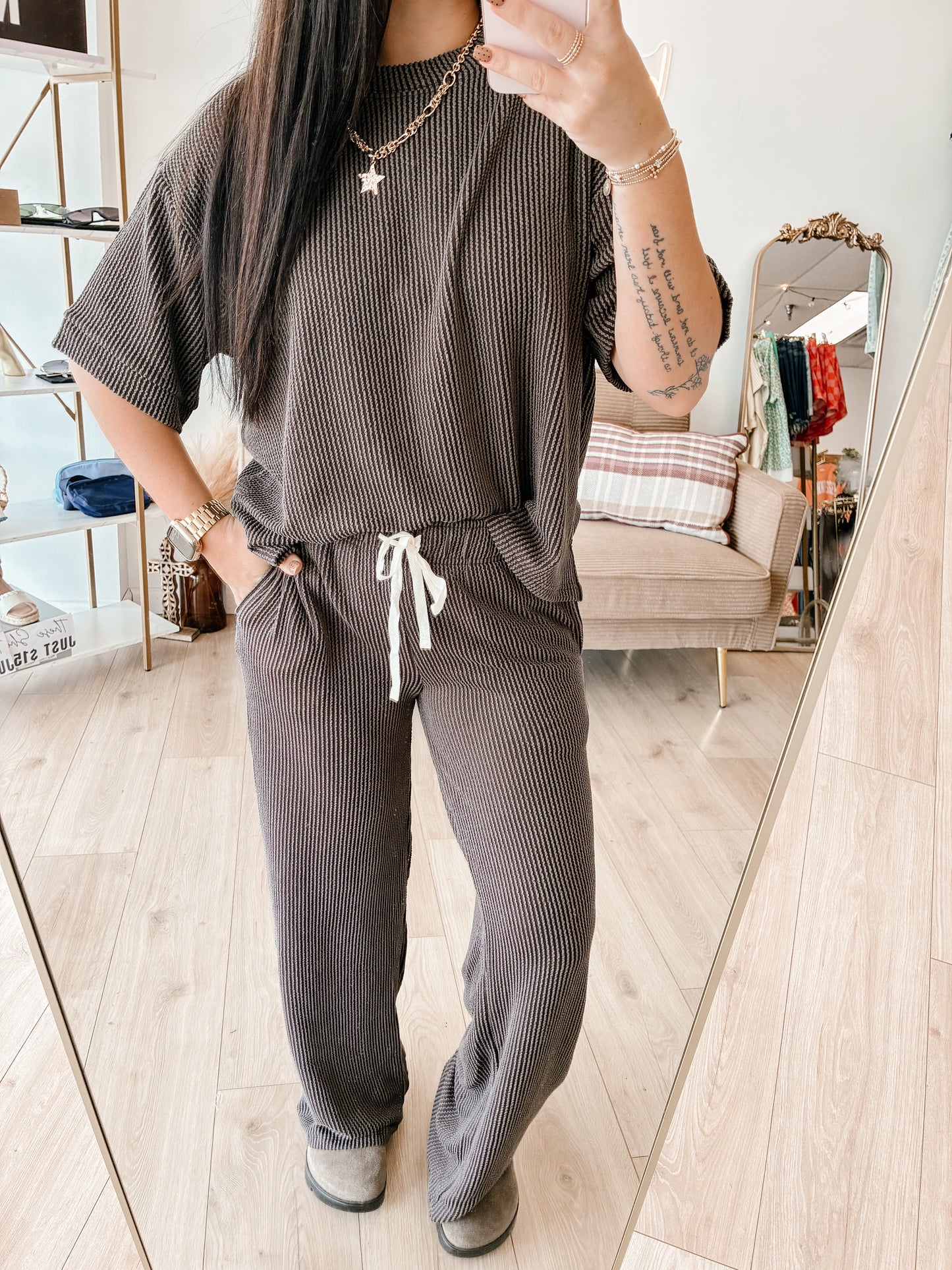 Raised Rib Short Sleeve Tee & Pants Set (7 colors)