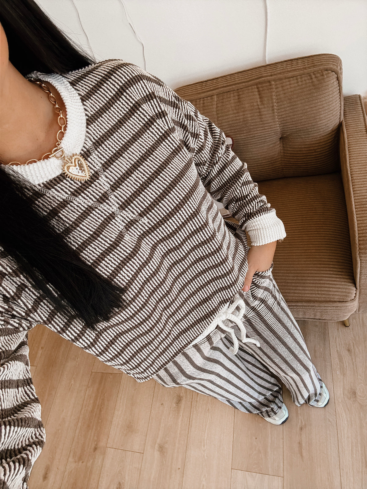 Striped Up Raised Rib Pants Set - Espresso