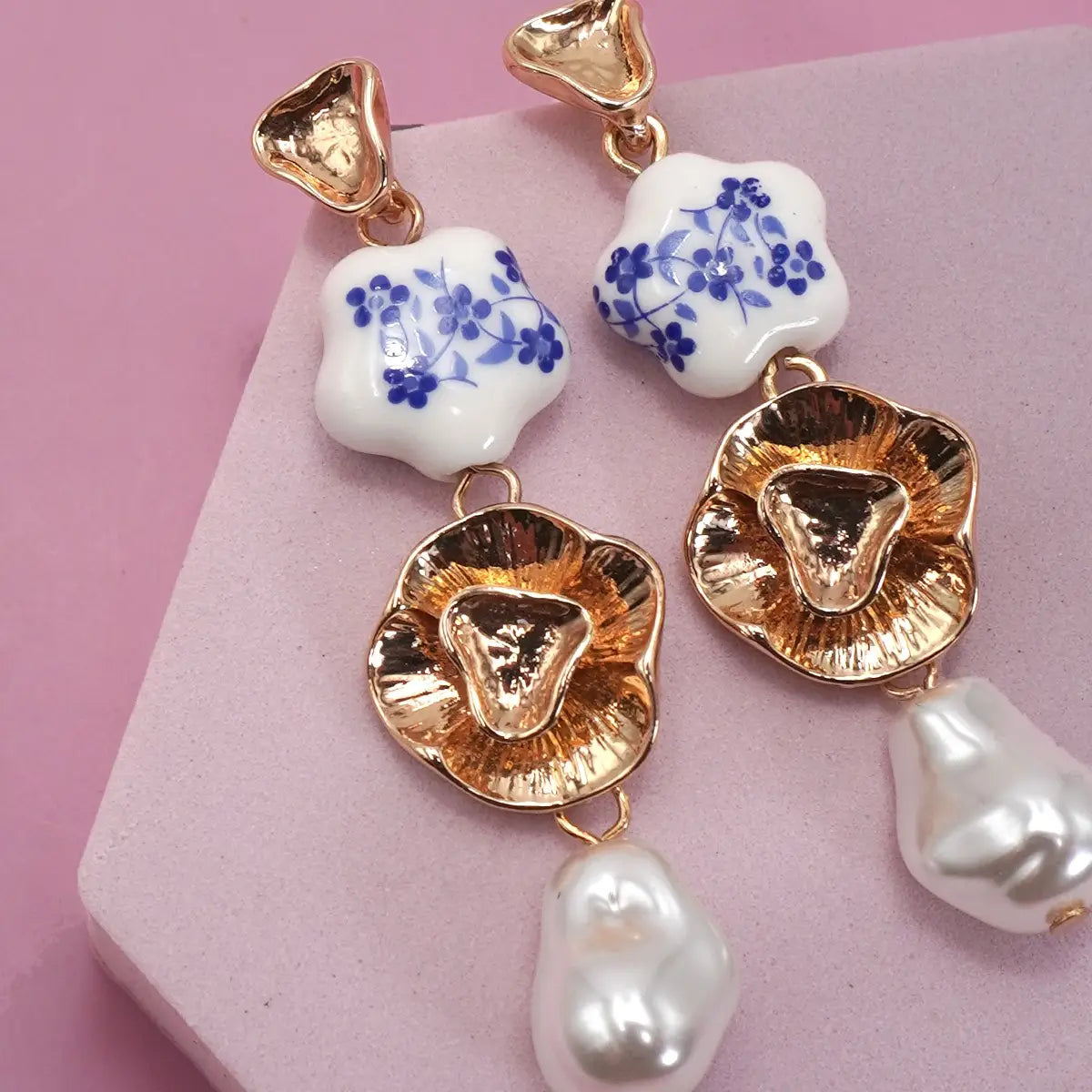 Blue Ceramic Porcelain Gold Pearl Drop Earrings