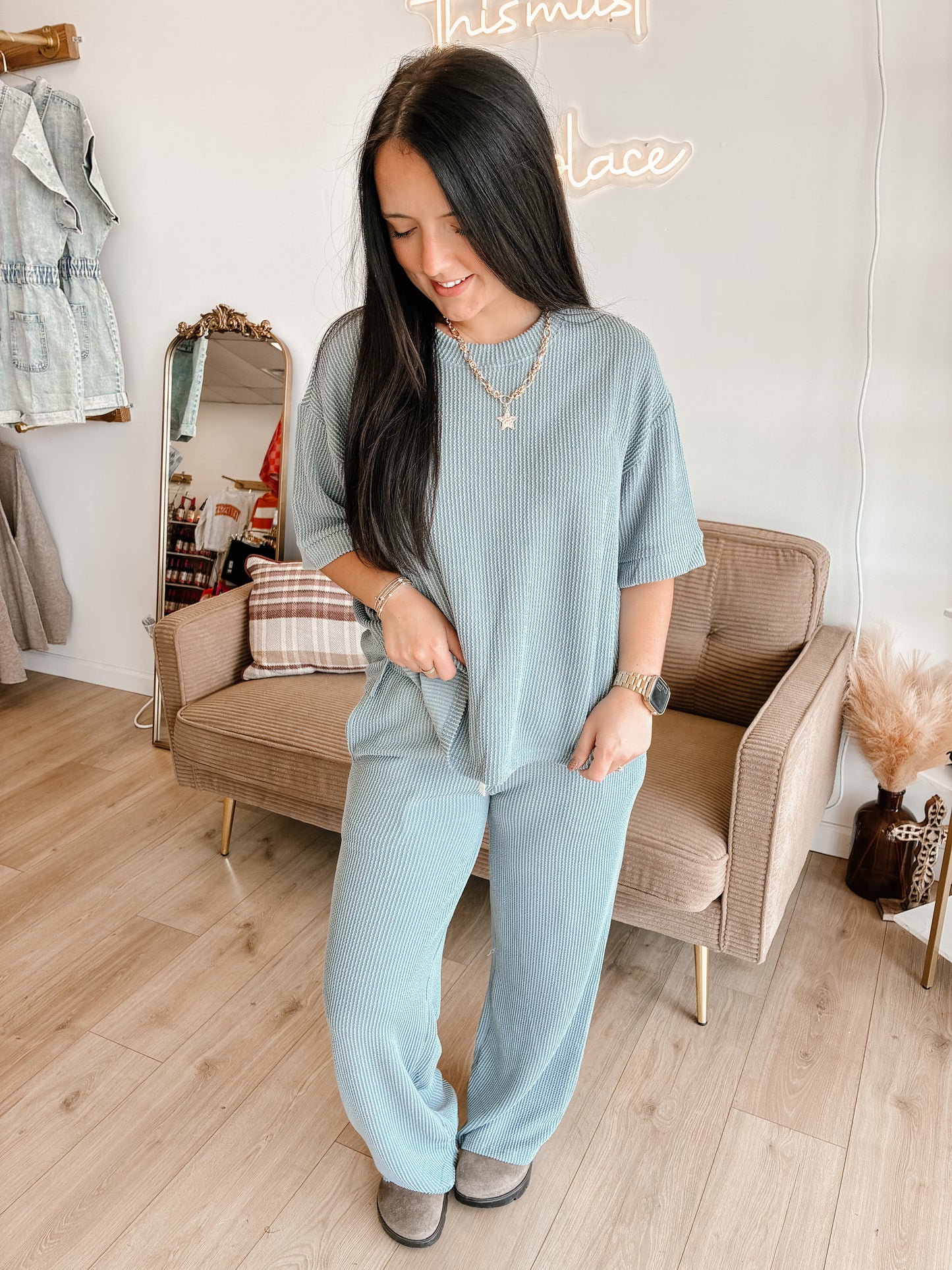 Raised Rib Short Sleeve Tee & Pants Set (7 colors)