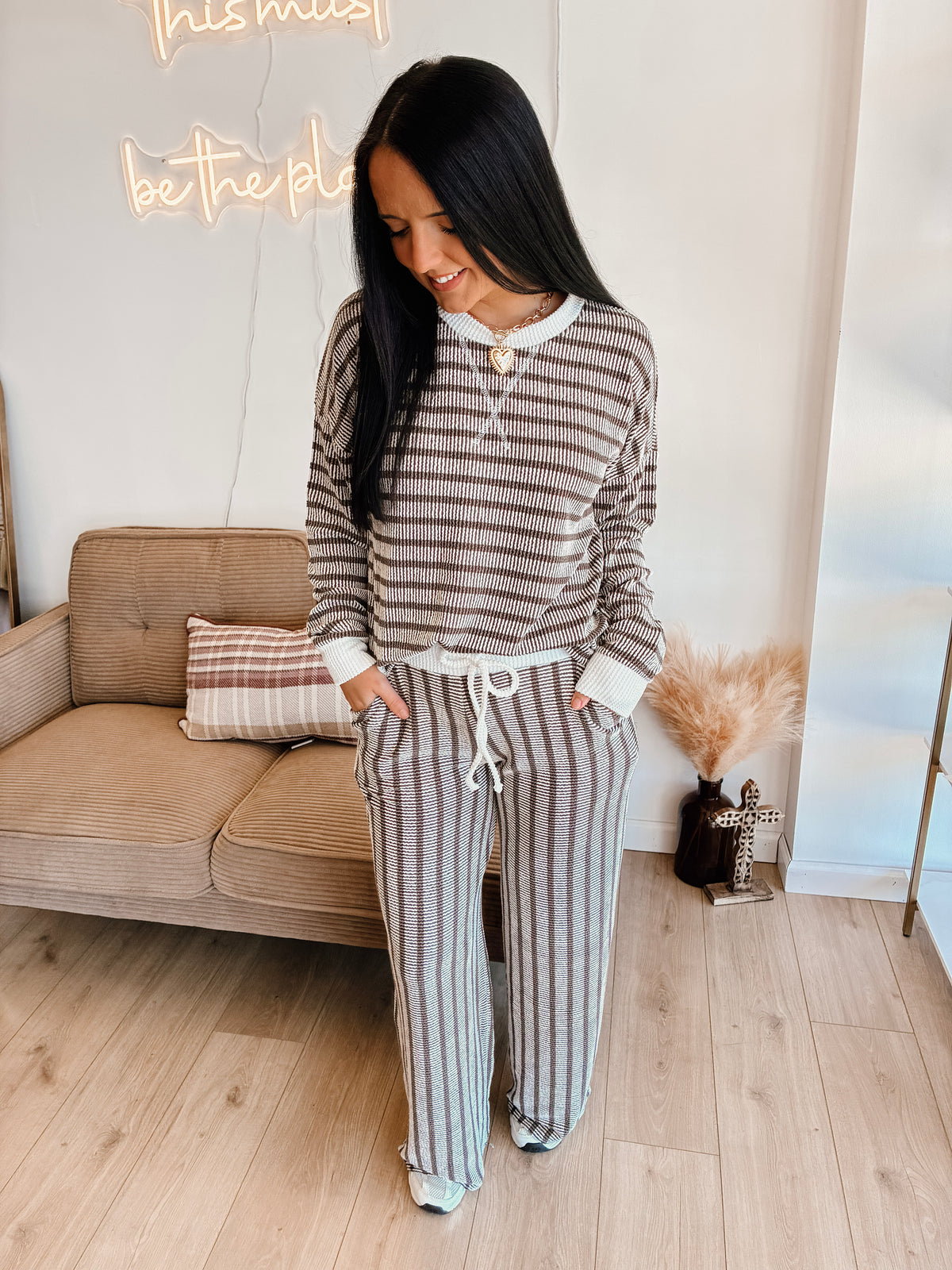 Striped Up Raised Rib Pants Set - Espresso