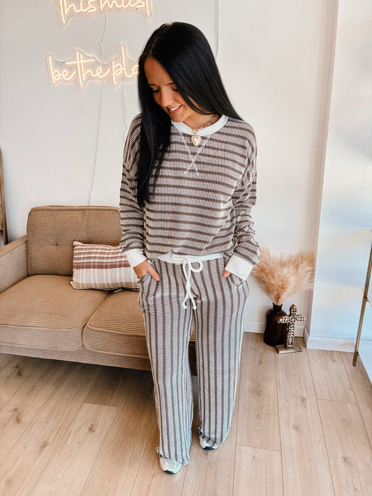 Striped Up Raised Rib Pants Set - Espresso