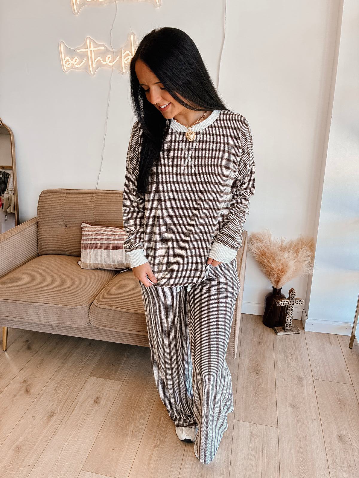 Striped Up Raised Rib Pants Set - Espresso