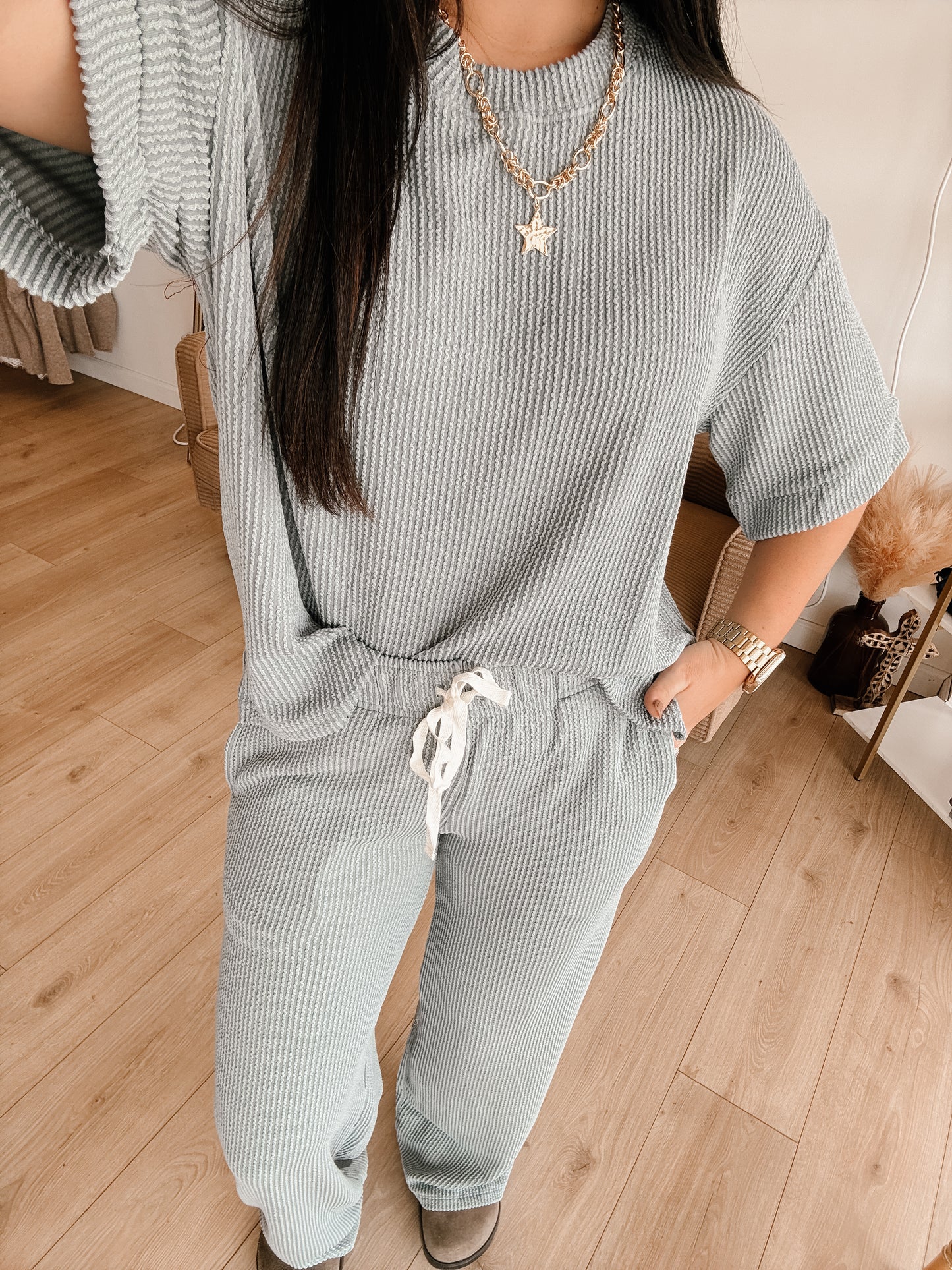 Raised Rib Short Sleeve Tee & Pants Set (7 colors)