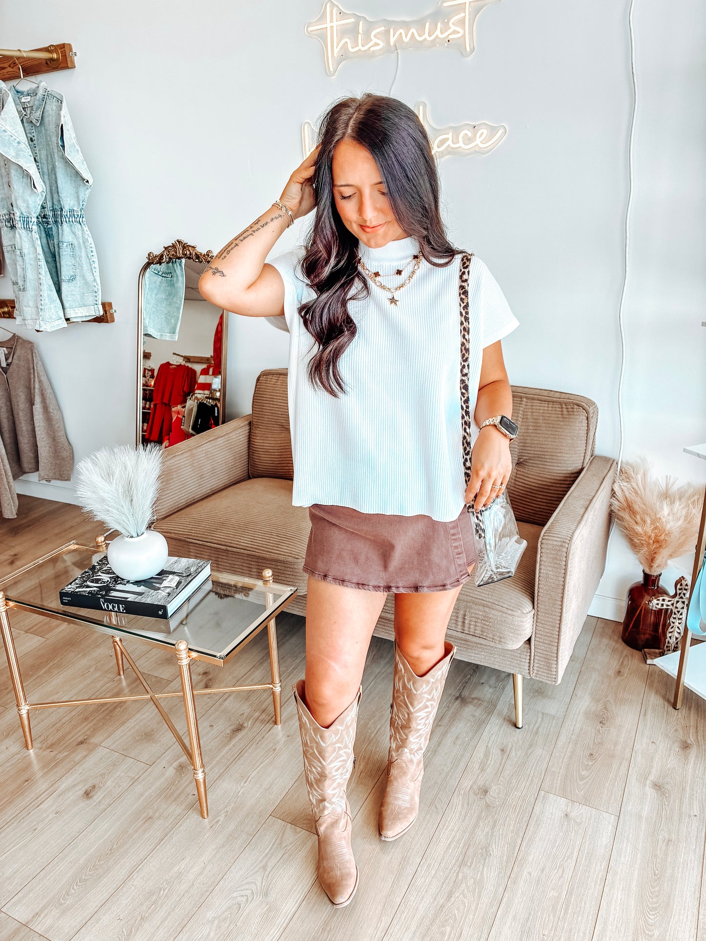 Turning Seasons Denim Skort - Brown