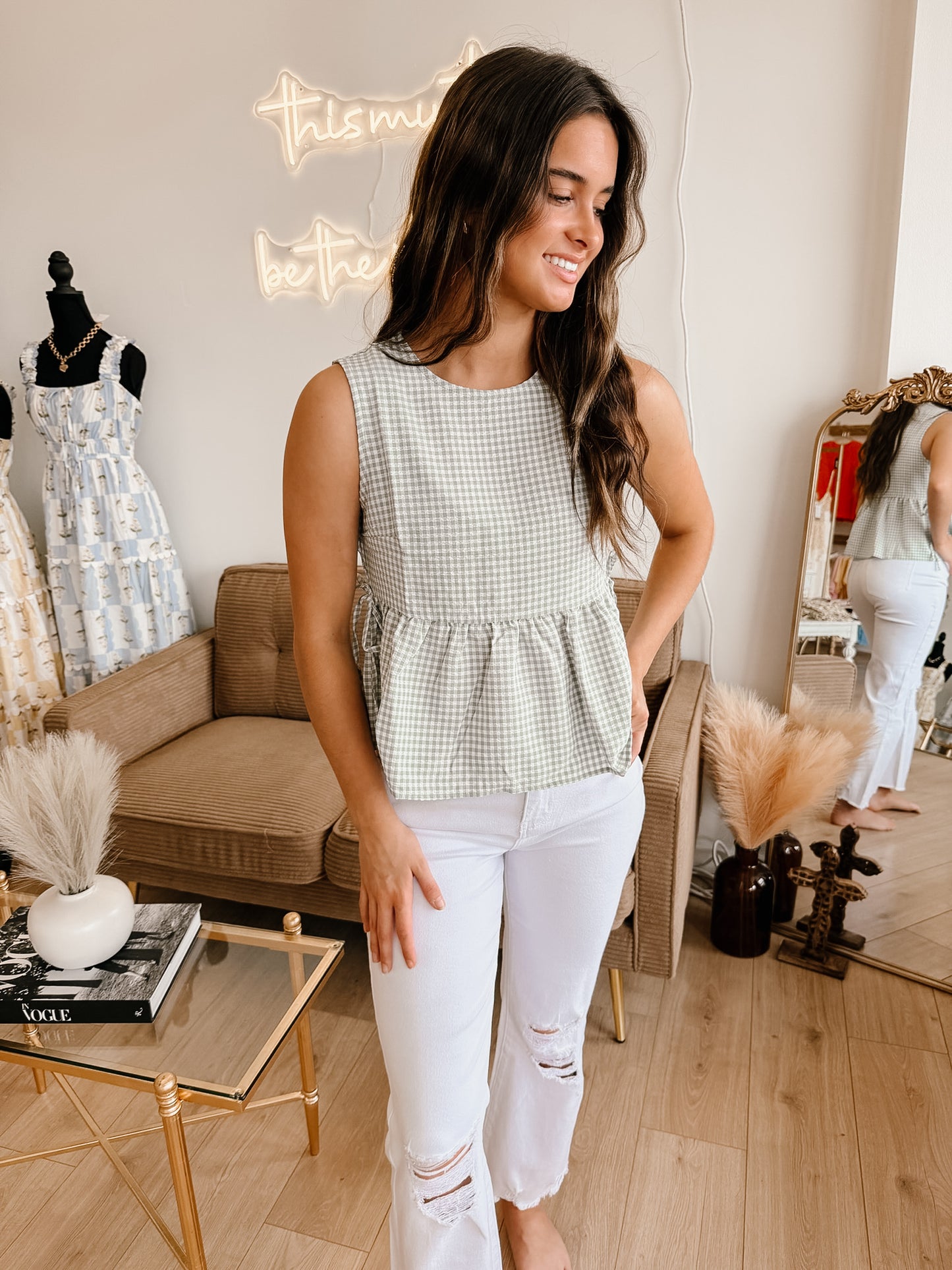 Gingham Sleeveless Peplum Top with Side Ties (2 Colors)