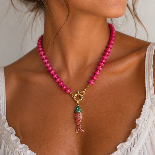 Pink Fish Beaded Necklace