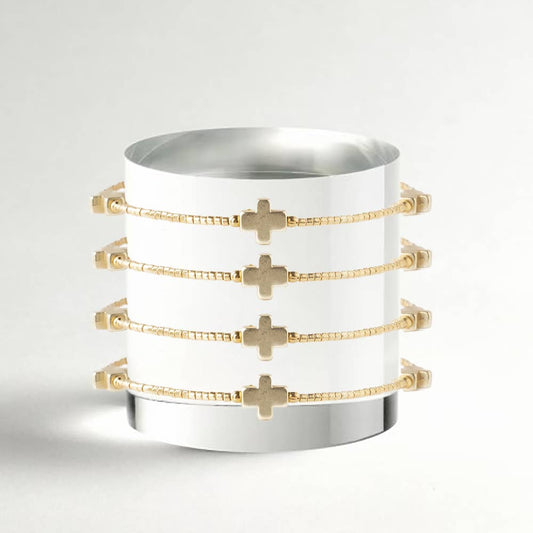Faithful Beaded Cross Bangle w/ Matte Gold Crosses-Gold