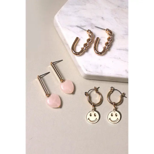 Mini Hoop Trio Smiley Heart Huggie Earrings
