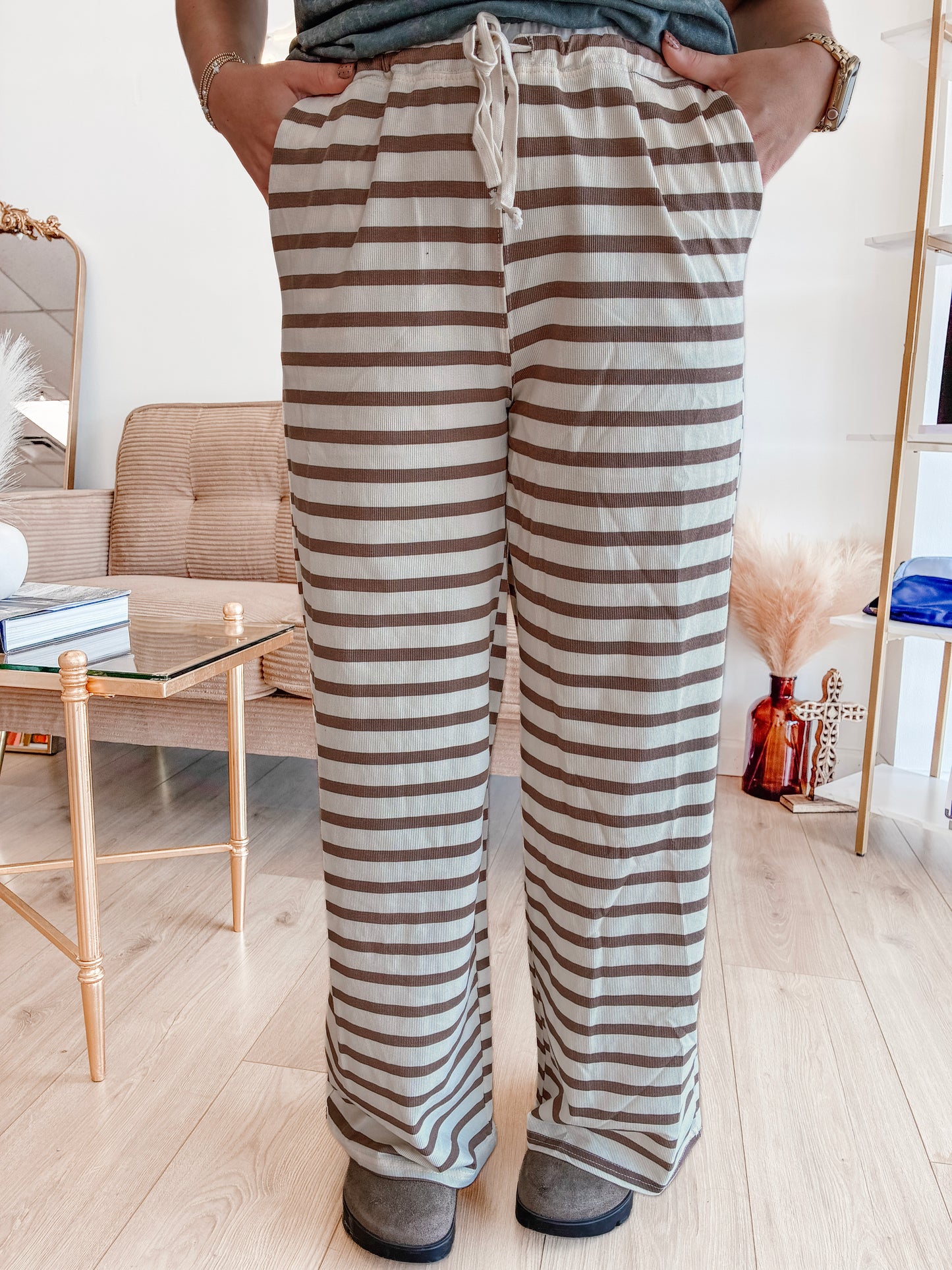 Fortune & Fame Stripe Pants - Ivory/Brown