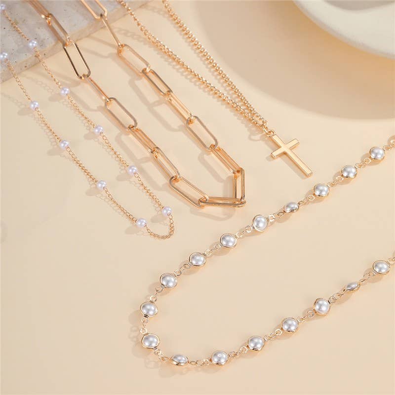 Pearl Cross Statement Necklace Set