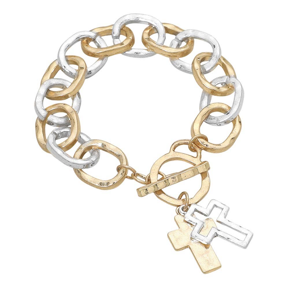 Mixed Metal Cross Toggle Bracelet