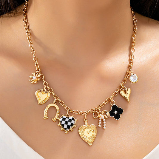 Checkered Heart Bow Multi-Charm Link Necklace