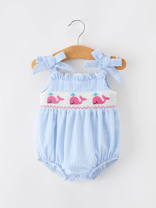 Whale Smocked Baby Girl Bow Romper