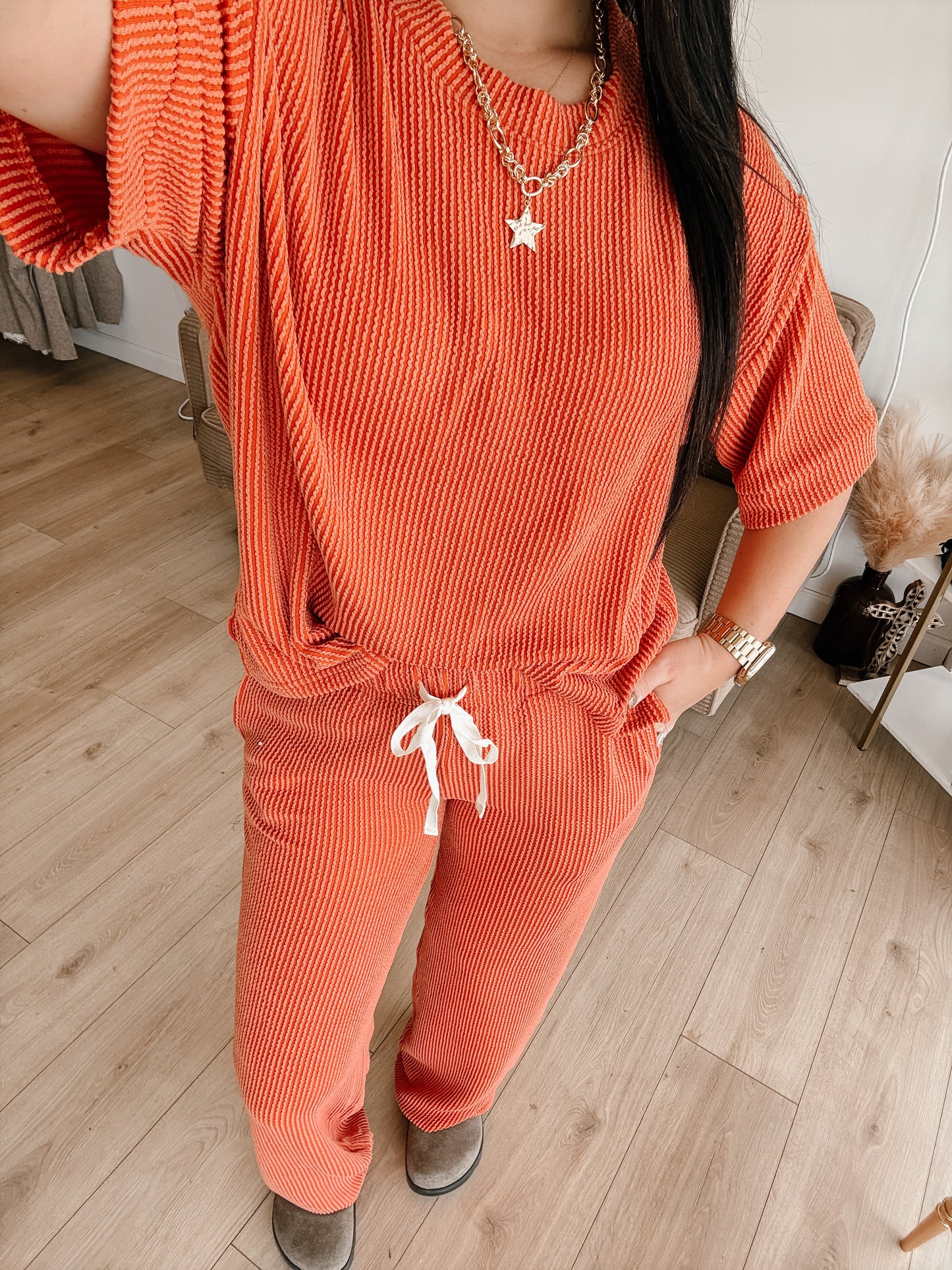 Raised Rib Short Sleeve Tee & Pants Set (7 colors)