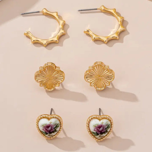 Floral & Textured Gold Stud Earring Set