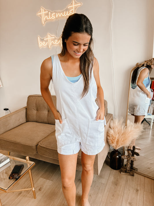 Washed Adjustable Strap Romper Denim With Pocket