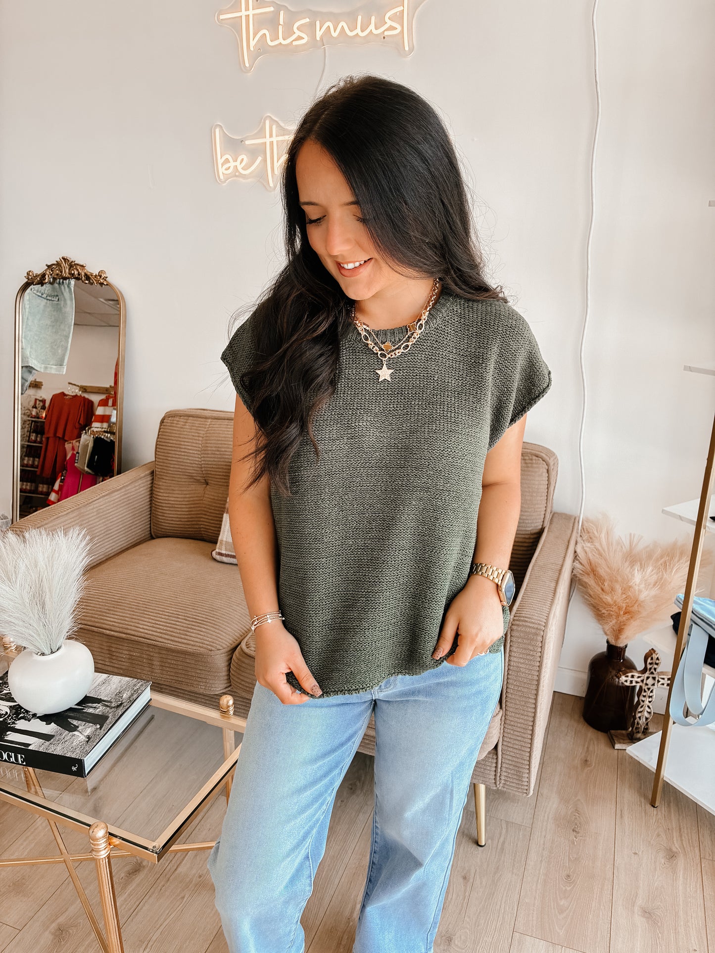 Falling For You Sweater Vest - Olive
