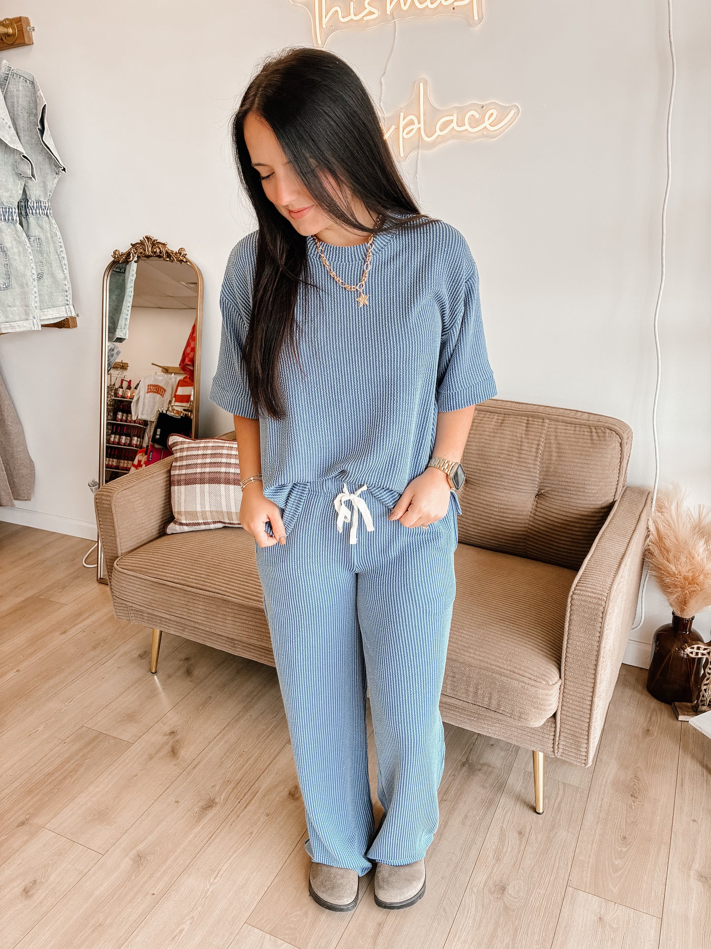 Raised Rib Short Sleeve Tee & Pants Set (7 colors)