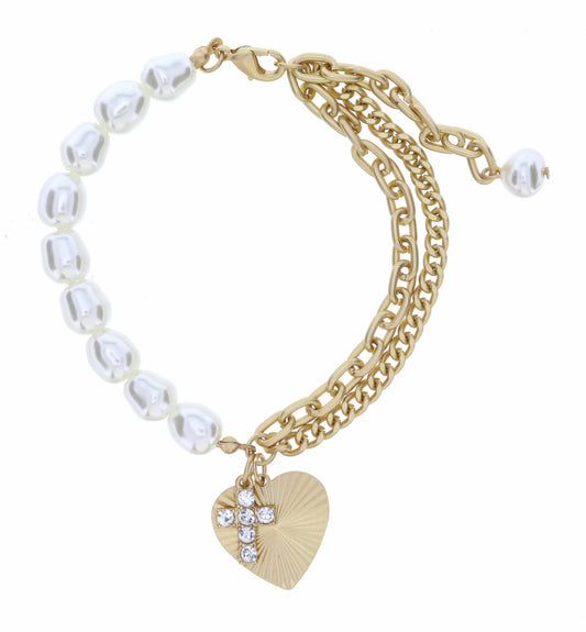 Half Pearl, Half Double Chain with Heart & Cross Bracelet