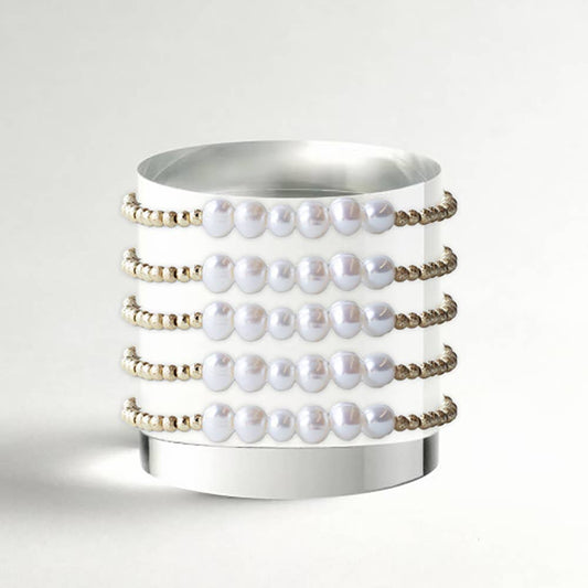 Tarnish Resistant Pearl & Gold Beaded Stretch Bracelet, Row
