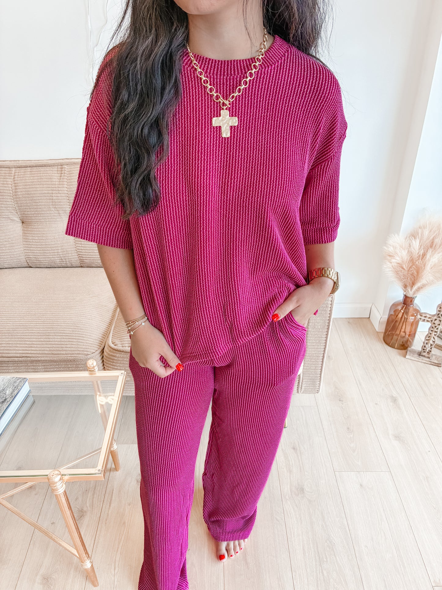 Raised Rib Short Sleeve Tee & Pants Set (6 colors)