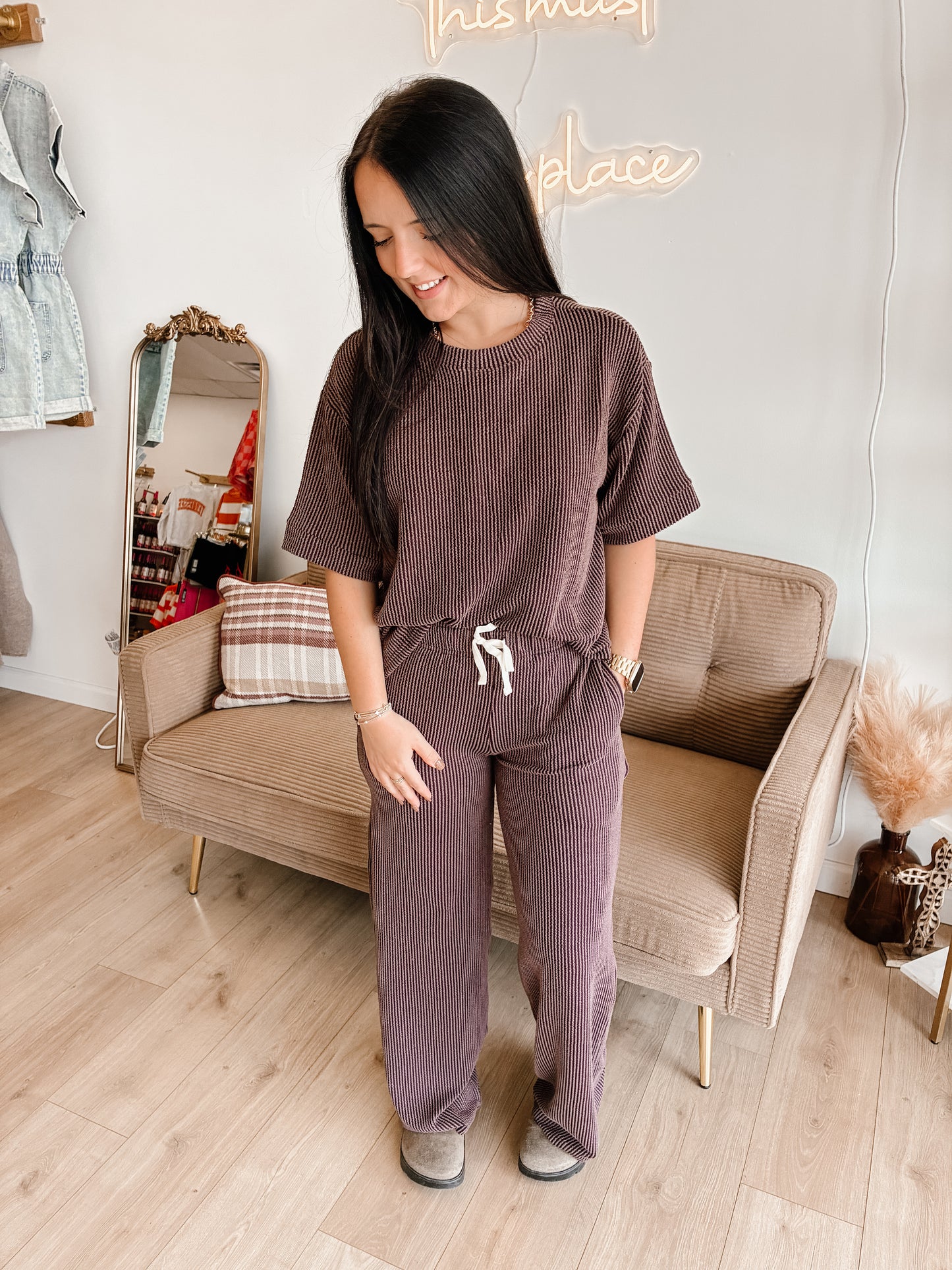 Raised Rib Short Sleeve Tee & Pants Set (7 colors)