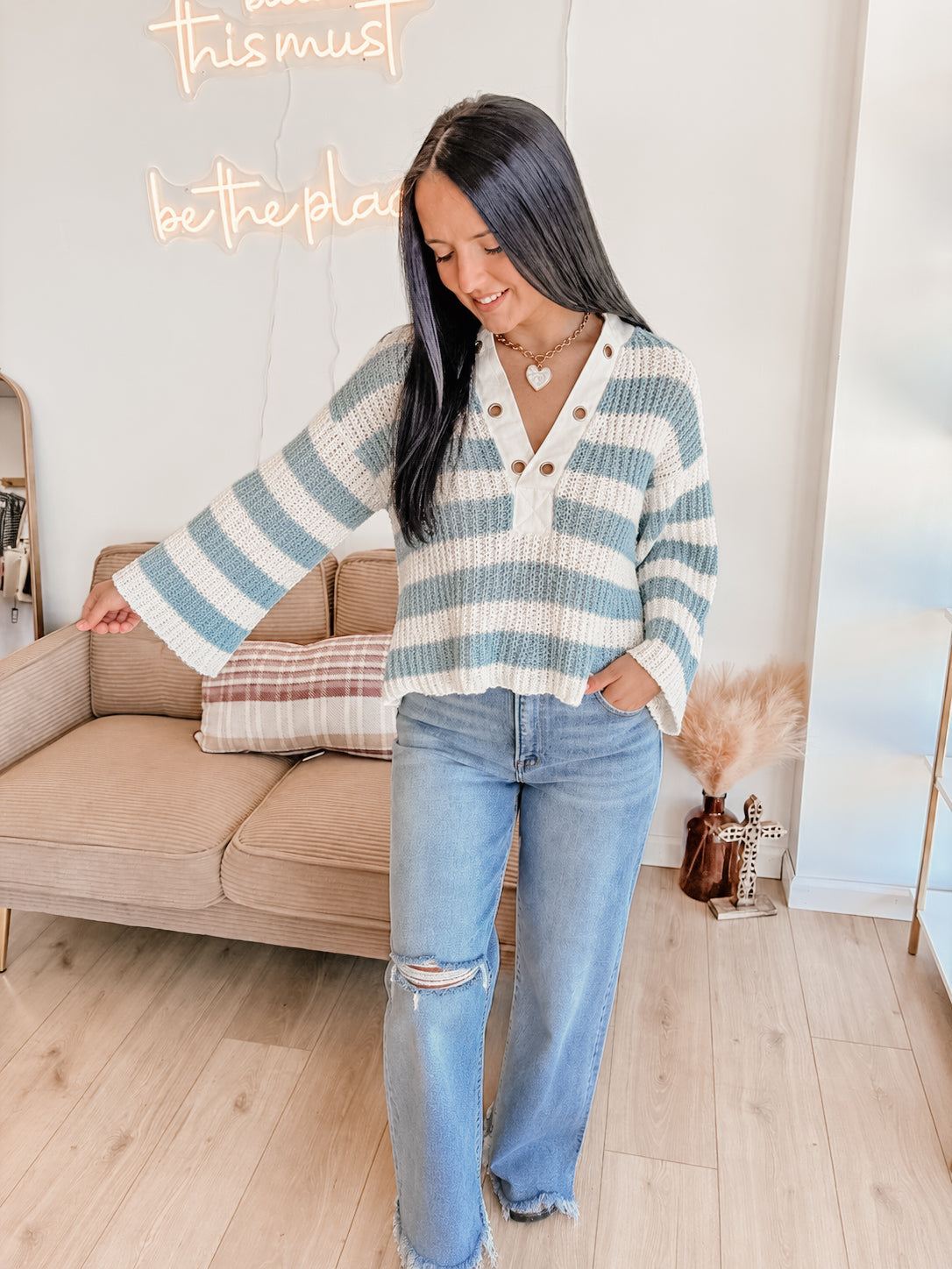 Edith Eyelet Stripe Sweater - Blue