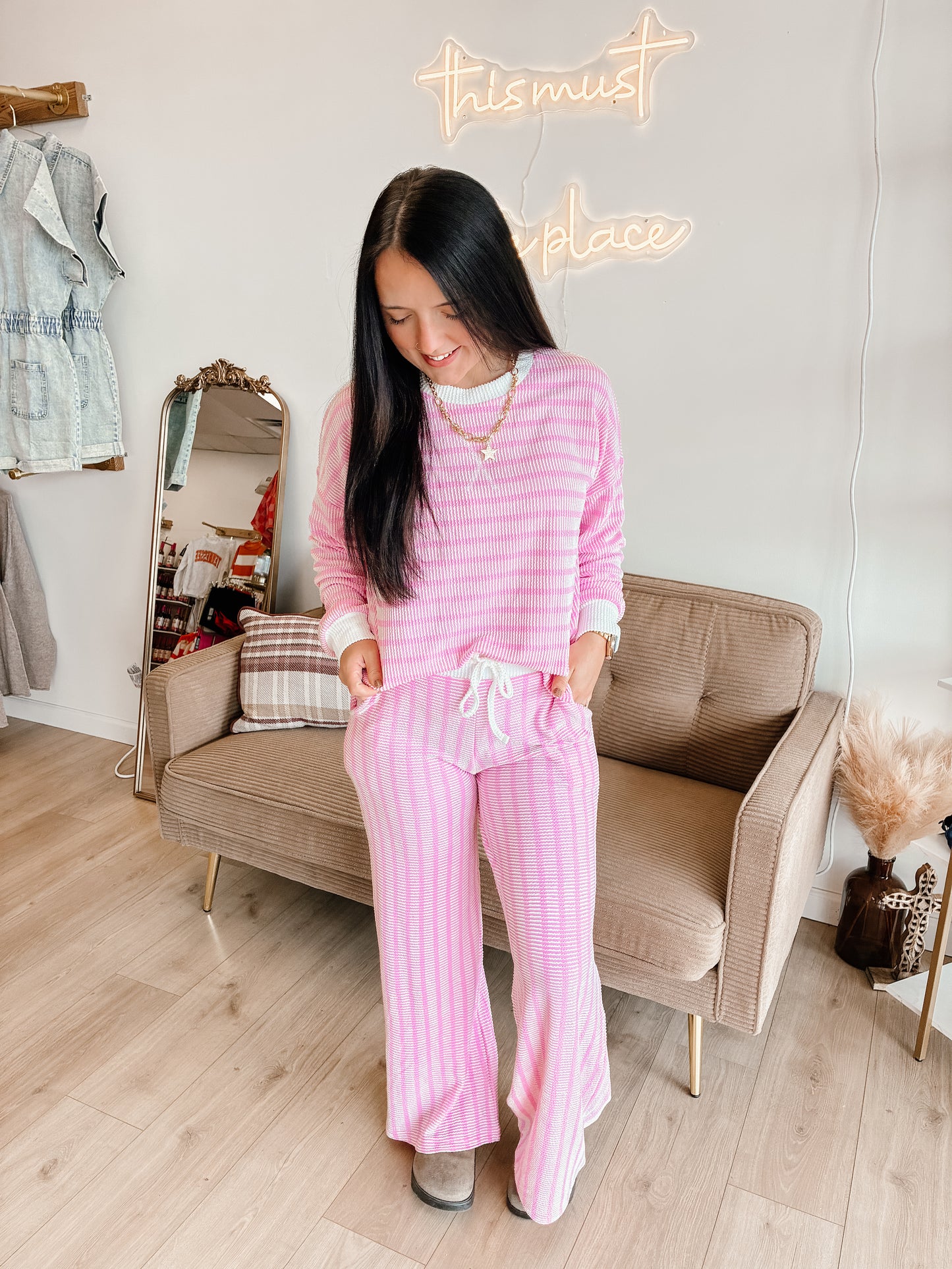 Striped Up Raised Rib Pants Set - Candy Pink