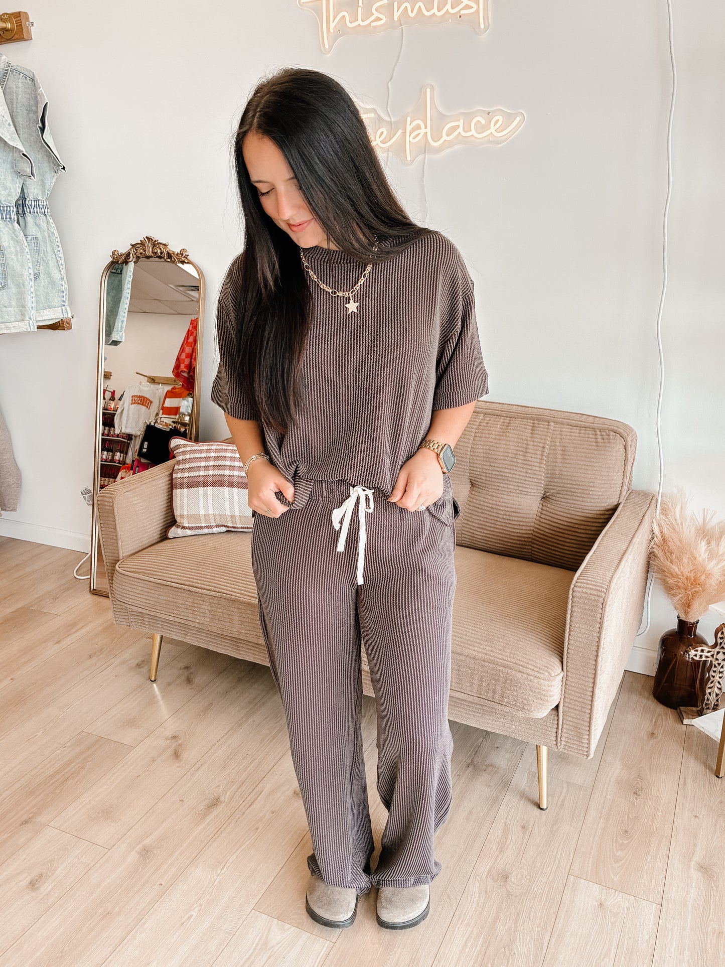 Raised Rib Short Sleeve Tee & Pants Set (7 colors)