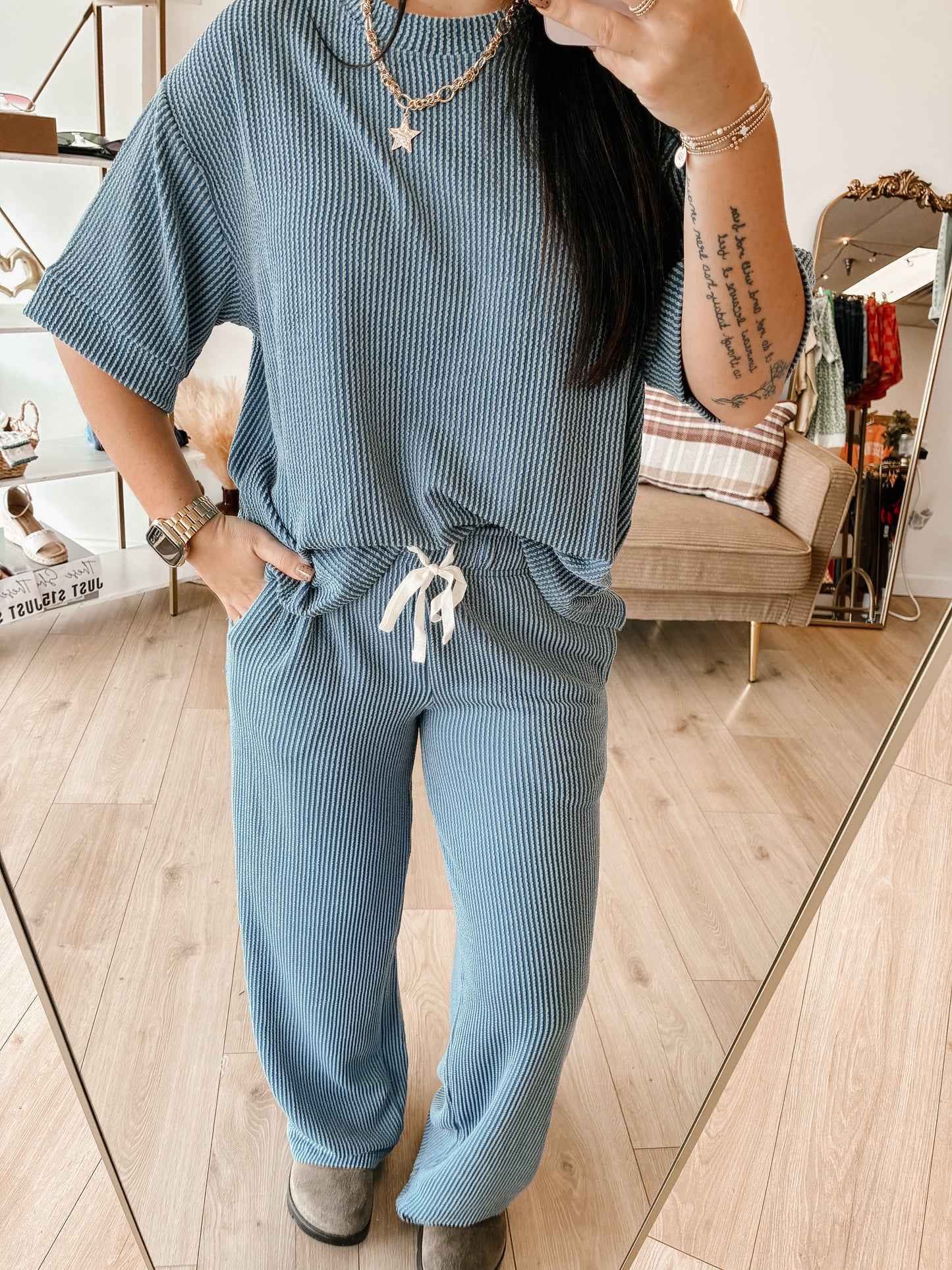 Raised Rib Short Sleeve Tee & Pants Set (7 colors)