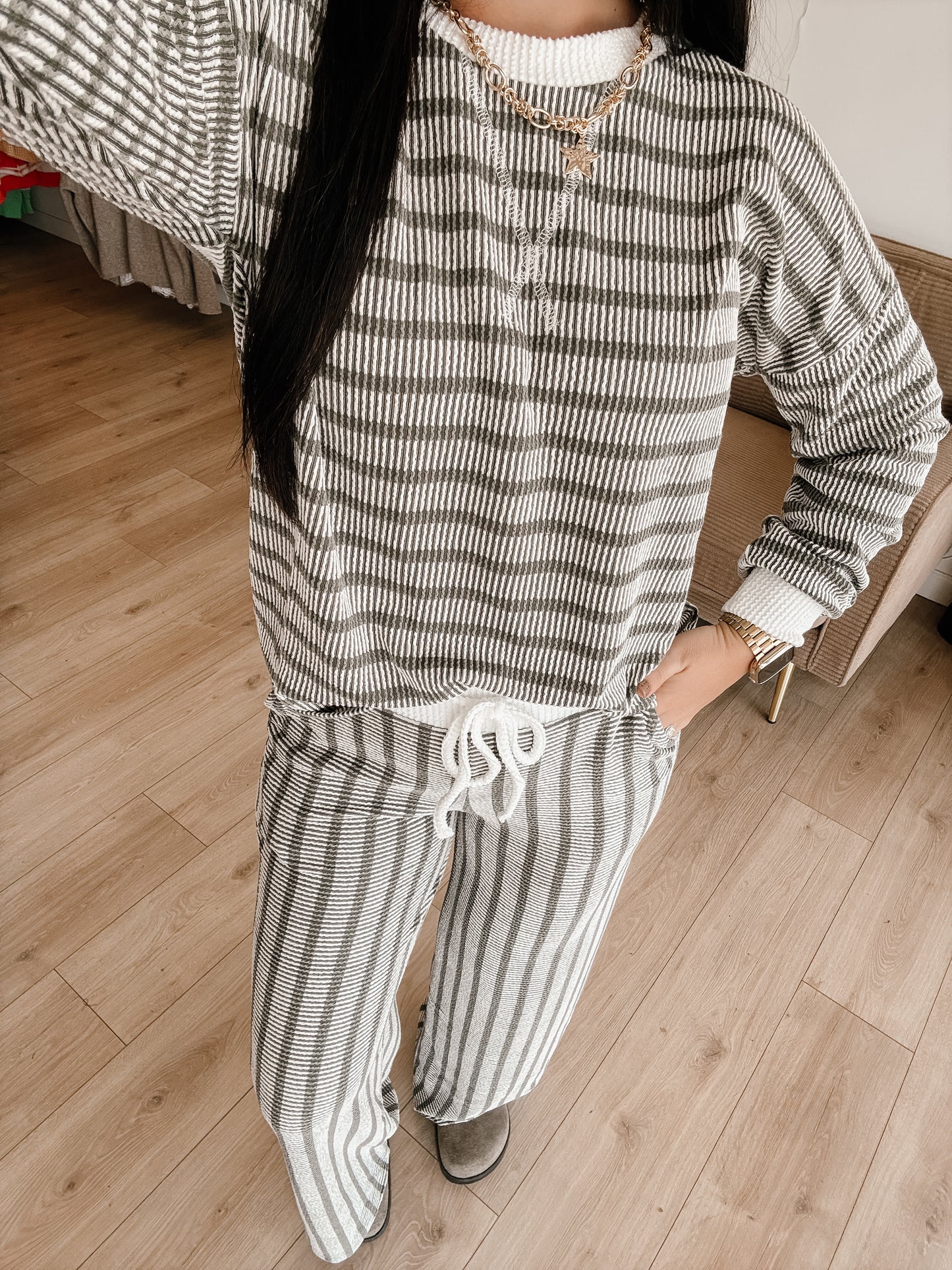 Striped Up Raised Rib Pants Set - Light Olive
