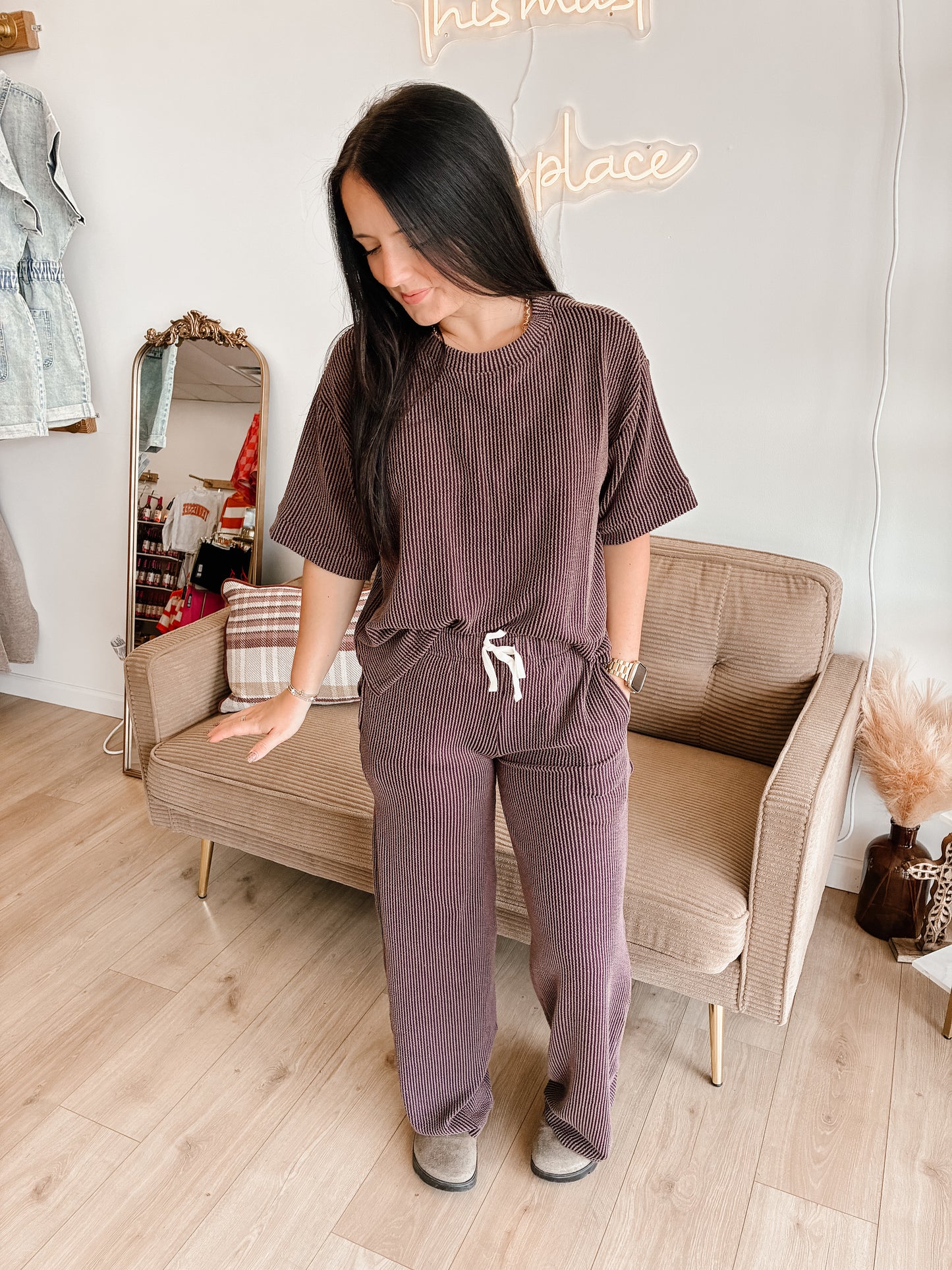 Raised Rib Short Sleeve Tee & Pants Set (7 colors)