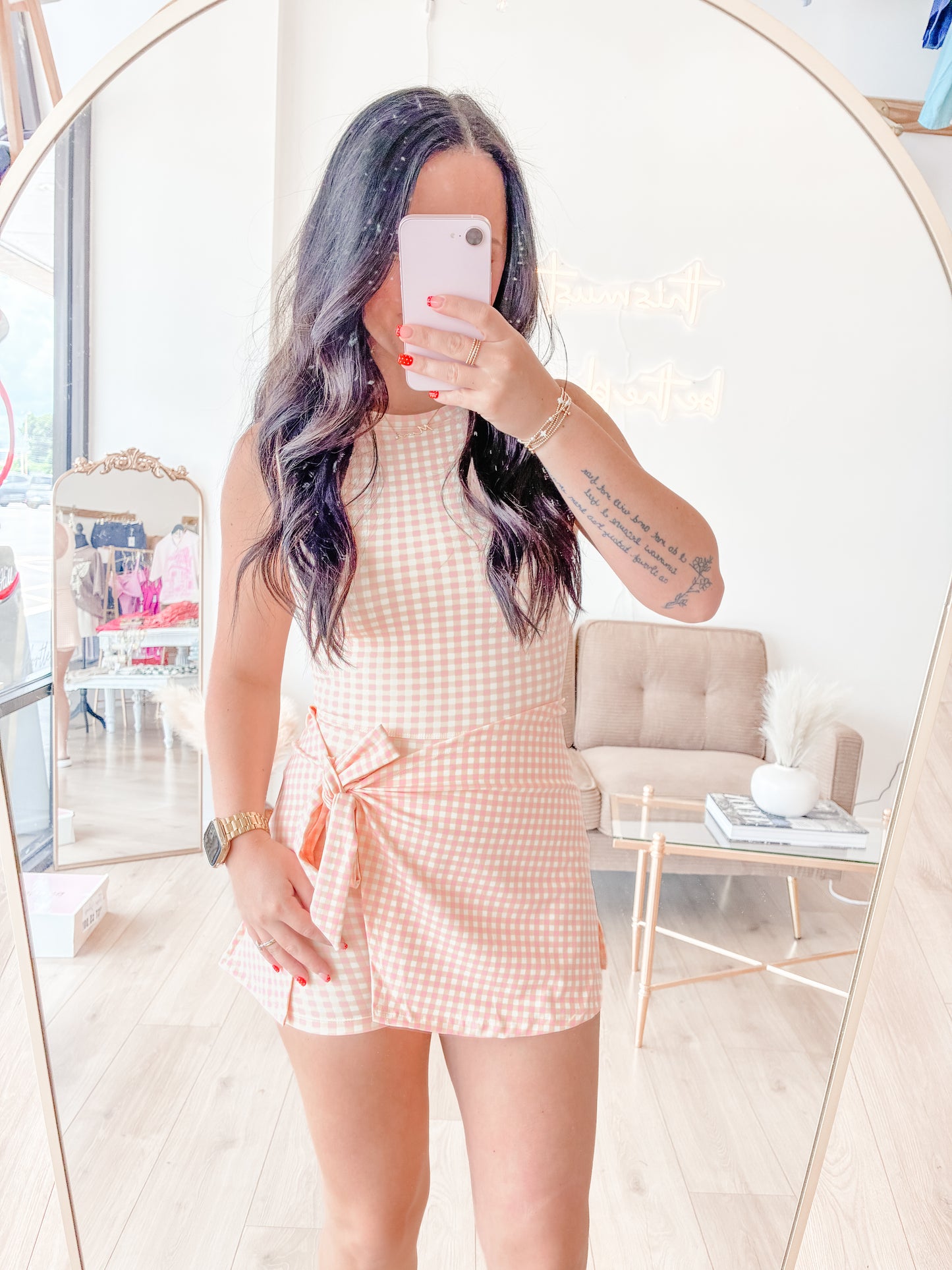 Peach Gingham Wrap Dress