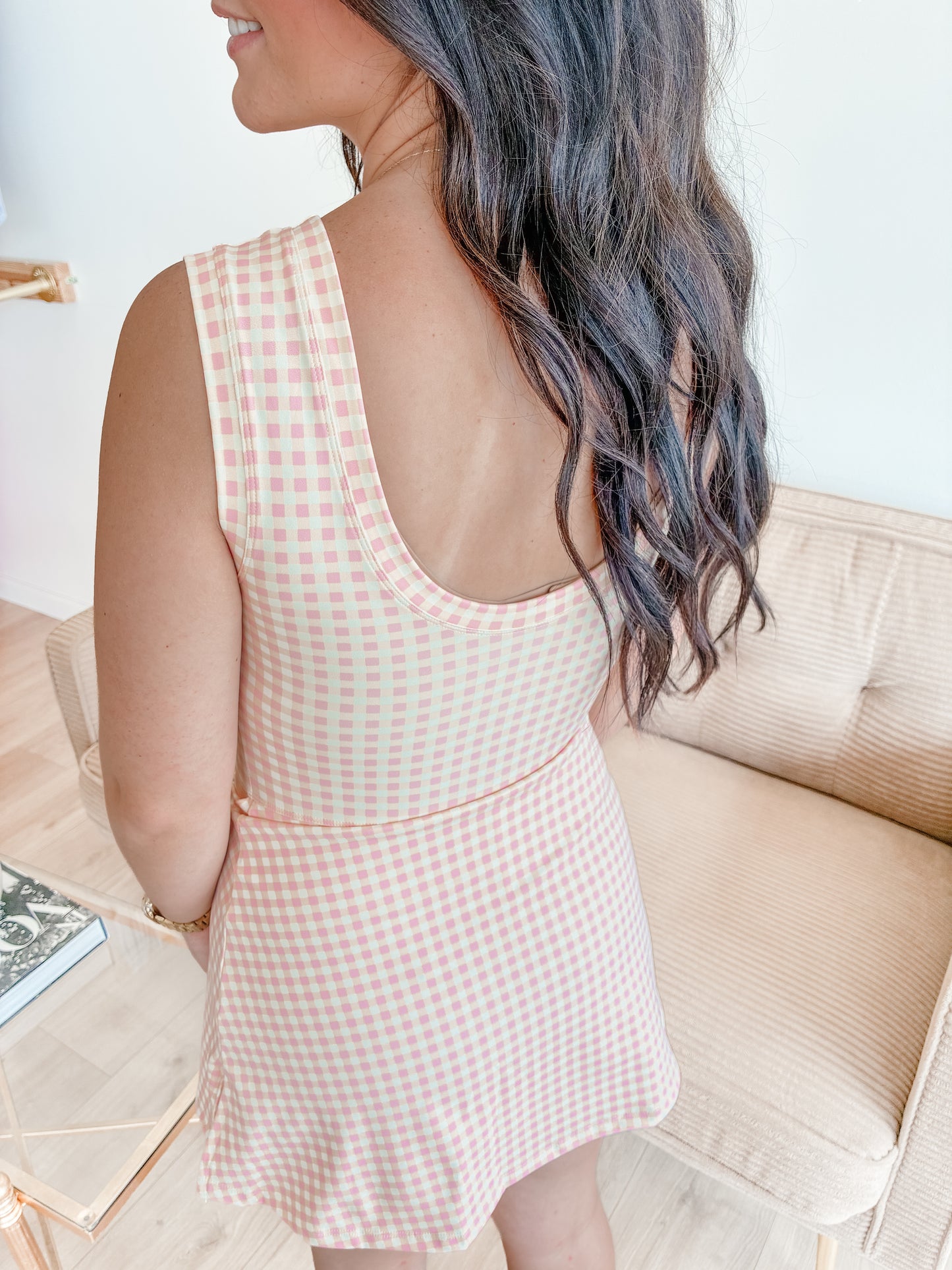 Peach Gingham Wrap Dress